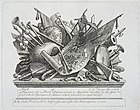 Antique trophy of arms, with Scottish bagpipes, engraving circa 1750 by William Hogarth (1697–1764)