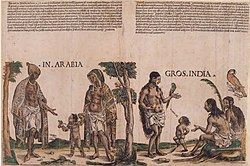 alt=Natives of Arabia and India, 1508, handcolored woodcut, 27.2 X 41.2 cm. Freiherrlich von Welserschen Familienstiftung, Neunhof (artwork in the public domain; photograph copyright Freiherrlich v. Welserschen) Familienstiftun