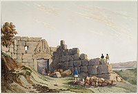 Painting of the Lion Gate at Mycenae, with the routeway clear.