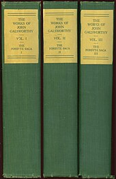 three book spines, green binding with yellow labels, reading "The Forsyte Saga, Vol 1, 2 and 3"