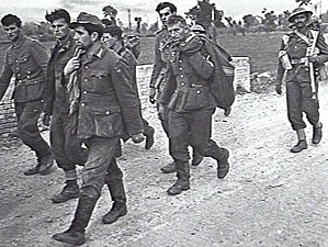 Indian soldier escorts German prisoners after Battle of the Sangro