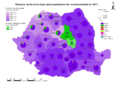 Geographic distribution of Romanian in Romania (coloured in purple) at county level (2011 census)