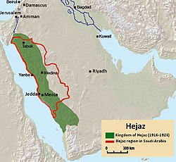 Map of the Hejaz showing the cities of Mecca, Medina, Jeddah, Yanbu and Tabuk. The Saudi region is outlined in red and the 1923 Kingdom is in green.