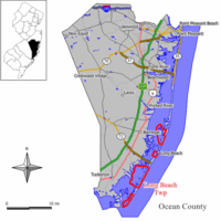 Location of Long Beach Township in Ocean County highlighted in yellow (right). Inset map: Location of Ocean County in New Jersey highlighted in black (left).