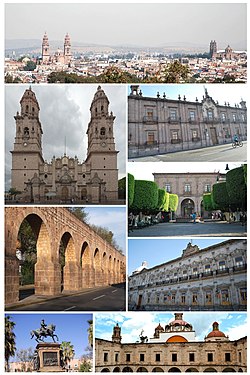 From top to bottom, from left to right: View of the city, the Cathedral of Morelia, the Aqueduct of Morelia, the Government Palace of Michoacán, the main square, the Federal Palace, the Monument to José María Morelos y Pavón and the Clavijero Cultural Center
