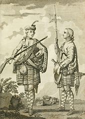 A black and white draing of two men wearing Scottish military garb, placed against a backdrop of countryside. Both are wearing kilts and argyled knee-length socks. One carries a musket, while the other has a halberd, and appears to have sword by his side.