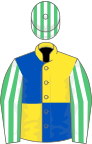 Yellow and royal blue quartered, emerald green and white striped sleeves and cap