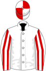 White, red striped sleeves, quartered cap