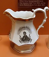 A ceramic pitcher, with a depiction of Harrison on it