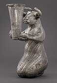 Proto-Elamite kneeling bull holding a spouted vessel; 3100–2900 BC; 16.3×6.3×10.8 cm; Metropolitan Museum of Art (New York City)