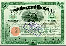 A stock note of the Providence and Worcester Railroad. It states it was issued August 12, 1909, and has been stamped with the word CANCELLED.