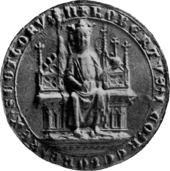 Black and white image of mediaeval seal depicting a king seated upon a throne