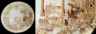 A disc made out of mother-of-pearl, with partial ornamentation still visible, alongside a possible reconstruction of the original decoration
