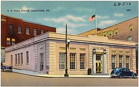 An old postcard of the post office in Downtown Nanticoke