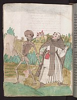 Totentanz, Death comes for a monk, with a book in his belt.