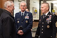 Vice Chairman of the Joint Chiefs of Staff General Selva greeted Secretary of Defense James Mattis with Senior Enlisted Advisor to the Chairman of the Joint Chiefs of Staff Sergeant Major John W. Troxell at The Pentagon on January 20, 2017.