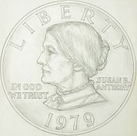 A drawing of one side of a coin, depicting the profile of a woman