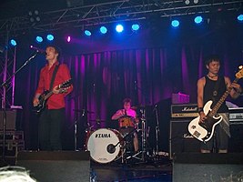 Brigade perform live at the Carling Academy, Oxford in 2008. L-R: Will Simpson, Andrew Kearton and Naoto Hori