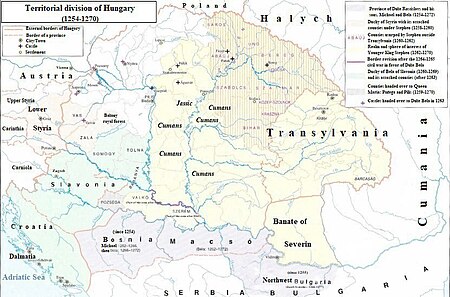 Map of the territorial division of the Kingdom of Hungary between 1254 and 1270