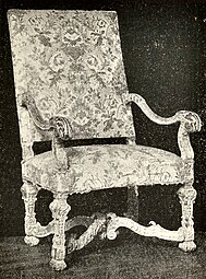 Louis XIV style armchair with scrolls at the tops of the arms, 17th-very early 18th century, wood and upholstery, unknown location