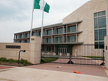 The flag of Nigeria displayed in a Nigerian embassy in Washington, DC.