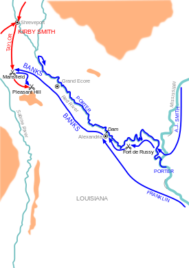 A map of northern Louisiana showing Banks's bold sweep towards Shreveport with a blue arrow.