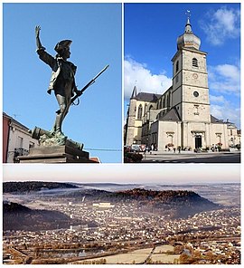 Clockwise from top-left: Statue of the Volunteer of 1792, Remiremont Abbey, a panorama of Remiremont seen from Saint-Mont