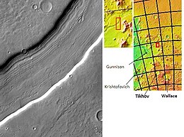 Reull Vallis with lineated floor deposits, as seen by THEMIS. Click on image to see relationship to other features.