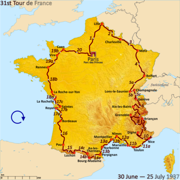Route of the 1937 Tour de France followed clockwise, starting in Paris