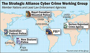 Map showing the Strategic Alliance Cyber Crime Working Group member countries and lead agencies