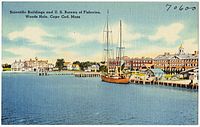 Postcard of U.S. Bureau of Fisheries buildings at Woods Hole, from sometime between ca. 1930 and ca. 1945.