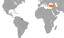 Map indicating locations of Suriname and Turkey