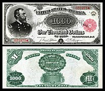 Obverse and reverse of an 1891 one-thousand-dollar Treasury Note