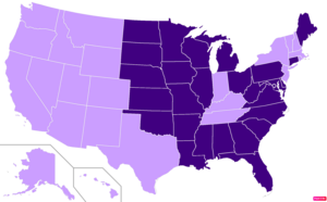 States in the United States by Mainline or Black Protestant population according to the Pew Research Center 2014 Religious Landscape Survey.[232] States with Mainline or Black Protestant population greater than the United States as a whole are in full purple.