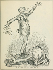 A drawing of Macdonald with one foot on the neck of a woman, who is laying down with her head to the ground
