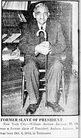 Miscaptioned c. 1937 photo of William Andrew Johnson, who had been enslaved by Andrew Johnson, and was believed to be the last surviving person enslaved by a U.S. president.[22] Andrew Johnson bid $500 for William A. Johnson's mother Dolly Johnson[23]