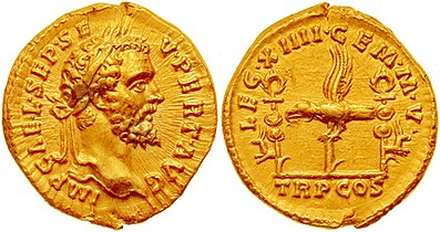 Aureus minted in 193 by Septimius Severus, to celebrate XIIII Gemina Martia Victrix, the legion that proclaimed him emperor