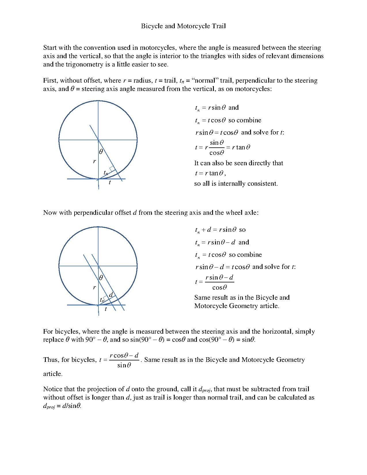 A derivation of the expressions for calculating bicycle and motorcycle trail from wheel radius, steering axis angle, and fork offset