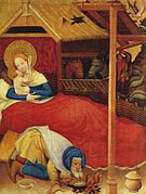 In this 1403 panel by Conrad von Soest Saint Joseph cooks a meal as Mary cares for Jesus.