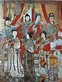 Women depicted in the Fresco in the Hall of King Mingying. Han women wore elbow-length sleeves, cross-collar upper garment over a long-sleeved blouse; the abbreviated skirts were popular in Yuan.[52]