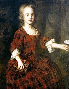 Girl around age 8, in red-and-black tartan bodice and skirt, with basket and white rose