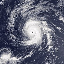 A satellite image of a well-organized hurricane over the Eastern Pacific Ocean; it has bands of spiral-shaped clouds, a round white area of clouds near the center of the storm, and a clear eye