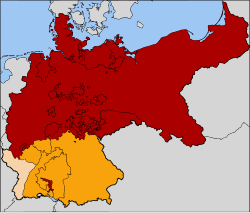 The North German Confederation (red). The southern German states that joined in 1870 to form the German Empire are in orange. Alsace–Lorraine, the territory annexed following the Franco-Prussian War of 1870, is in tan. The red territory in the south marks the original princedom of the House of Hohenzollern, rulers of the Kingdom of Prussia.