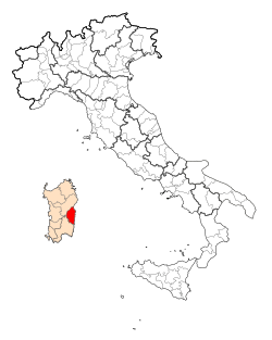 Map highlighting the location of the province of Ogliastra in Italy