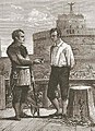 Giovanni Battista Bugatti, papal executioner between 1796 and 1861, offering snuff to a condemned prisoner in front of Castel Sant'Angelo.