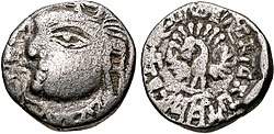 Coin of King Iśanavarman of the Maukhari of Kanyakubja, successors of the Guptas in the Gangetic region. Circa 535-553 CE. The ruler faces to the left, whereas in Gupta coinage the ruler faces to the right. This is possibly a symbol of antagonism and rivalry, as also seen on some similar coins of Toramana.[1] of