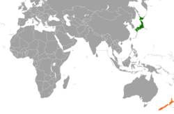 Map indicating locations of Japan and New Zealand