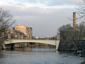 Market Street Bridge, looking downstream, with Brandywine Village on the left, and the Wilmington Pumping Station on the right. The bridge marks the approximate high level of tidewater on the Brandywine.