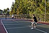 Two men playing pickleball at a dedicated court