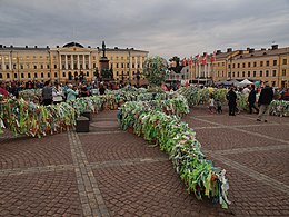 The square is often a spot for artworks and events like this environmental-awareness raising plastic bag octopus during Helsinki Night of the Arts 2016